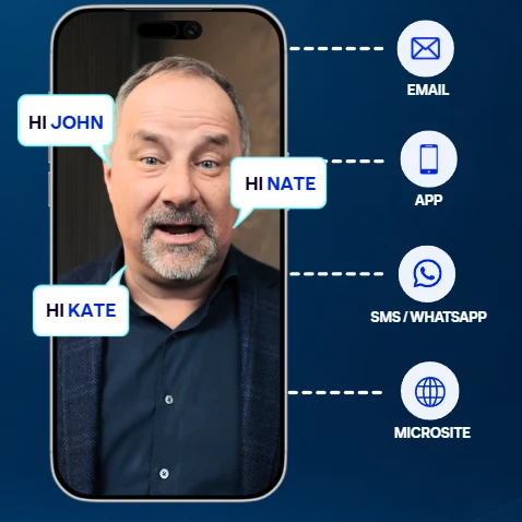 A personalized video greeting each viewer by name, delivered over email, app, SMS / WhatsApp and a microsite